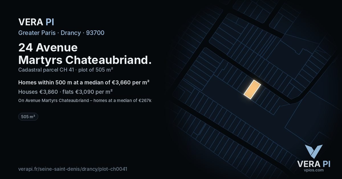 24 Avenue Martyrs Chateaubriand, Drancy at night – the plot lit, the parcels around coloured by the prices near them