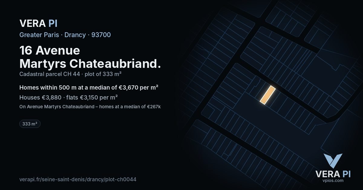 16 Avenue Martyrs Chateaubriand, Drancy at night – the plot lit, the parcels around coloured by the prices near them