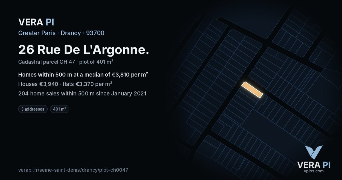 26 Rue De L'Argonne, Drancy at night – the plot lit, the parcels around coloured by the prices near them
