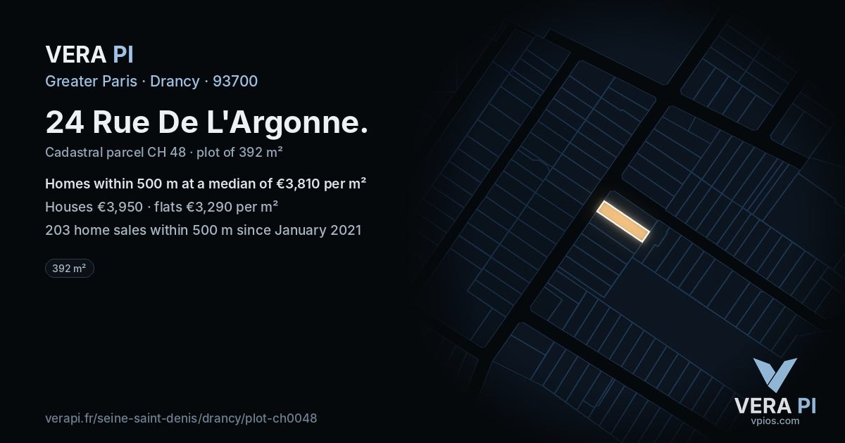 24 Rue De L'Argonne, Drancy at night – the plot lit, the parcels around coloured by the prices near them
