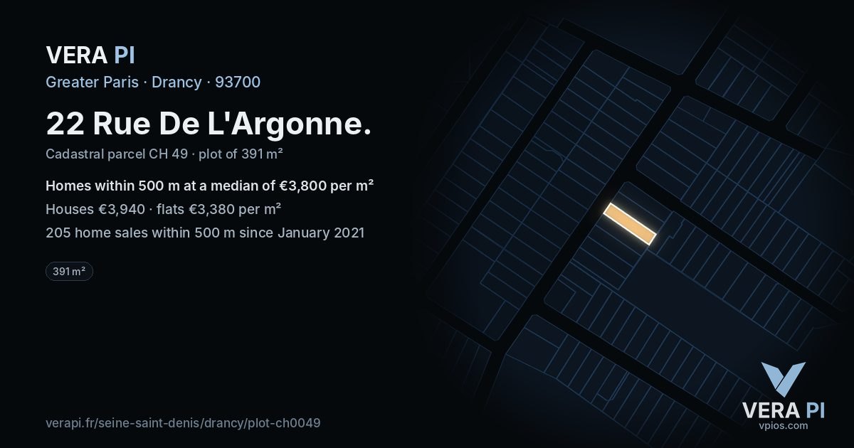 22 Rue De L'Argonne, Drancy at night – the plot lit, the parcels around coloured by the prices near them