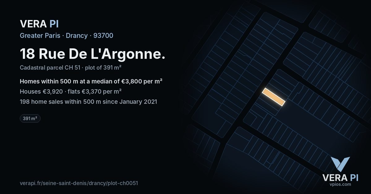 18 Rue De L'Argonne, Drancy at night – the plot lit, the parcels around coloured by the prices near them