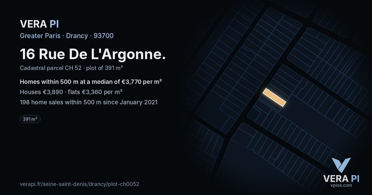 16 Rue De L'Argonne, Drancy at night – the plot lit, the parcels around coloured by the prices near them