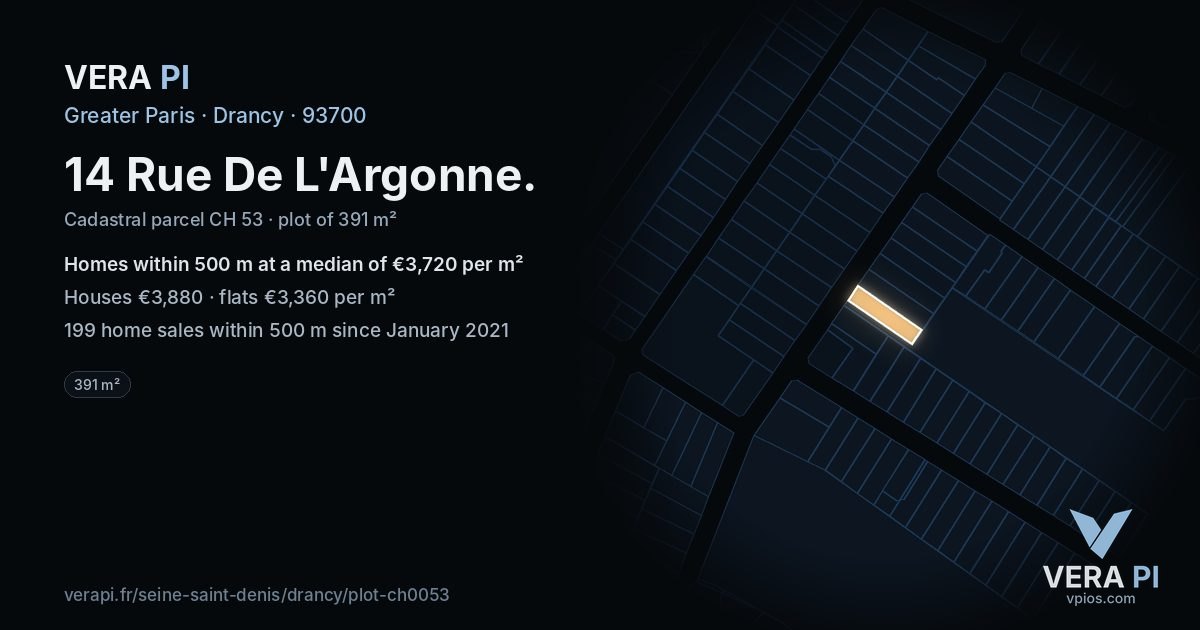 14 Rue De L'Argonne, Drancy at night – the plot lit, the parcels around coloured by the prices near them