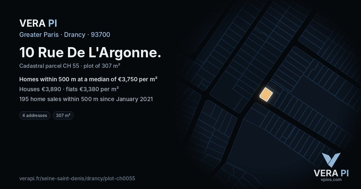 10 Rue De L'Argonne, Drancy at night – the plot lit, the parcels around coloured by the prices near them