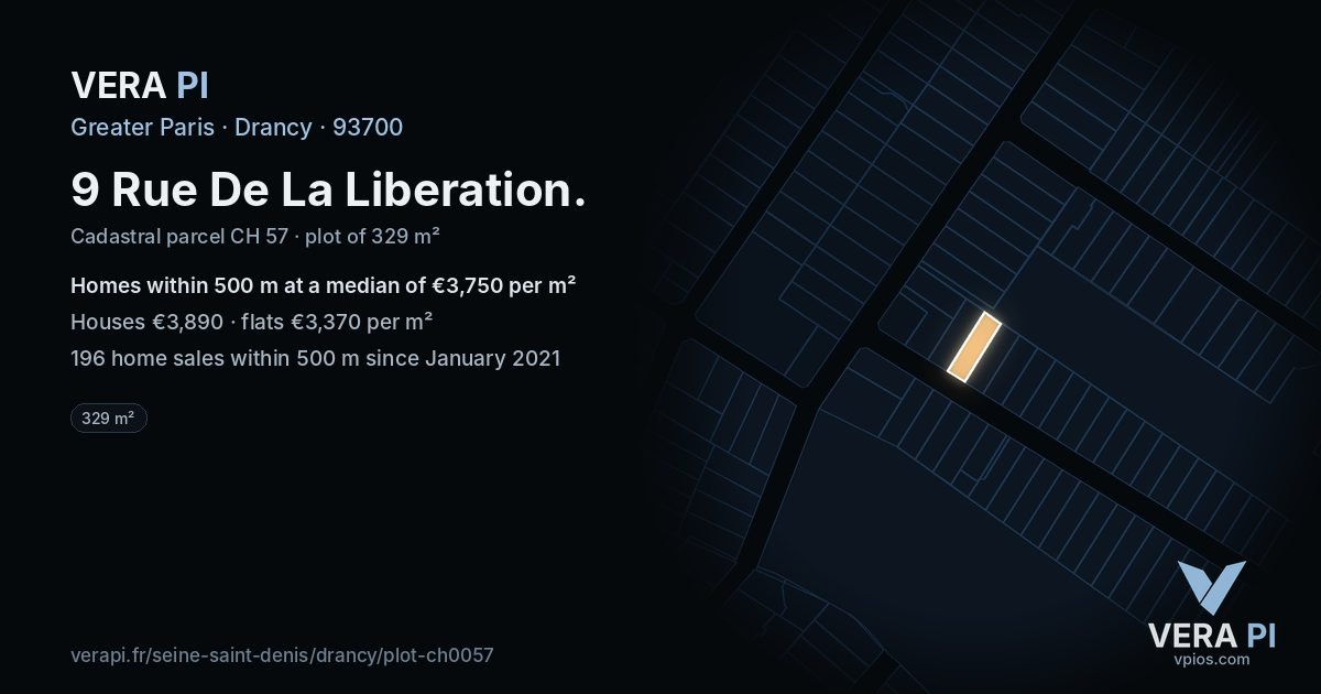 9 Rue De La Liberation, Drancy at night – the plot lit, the parcels around coloured by the prices near them