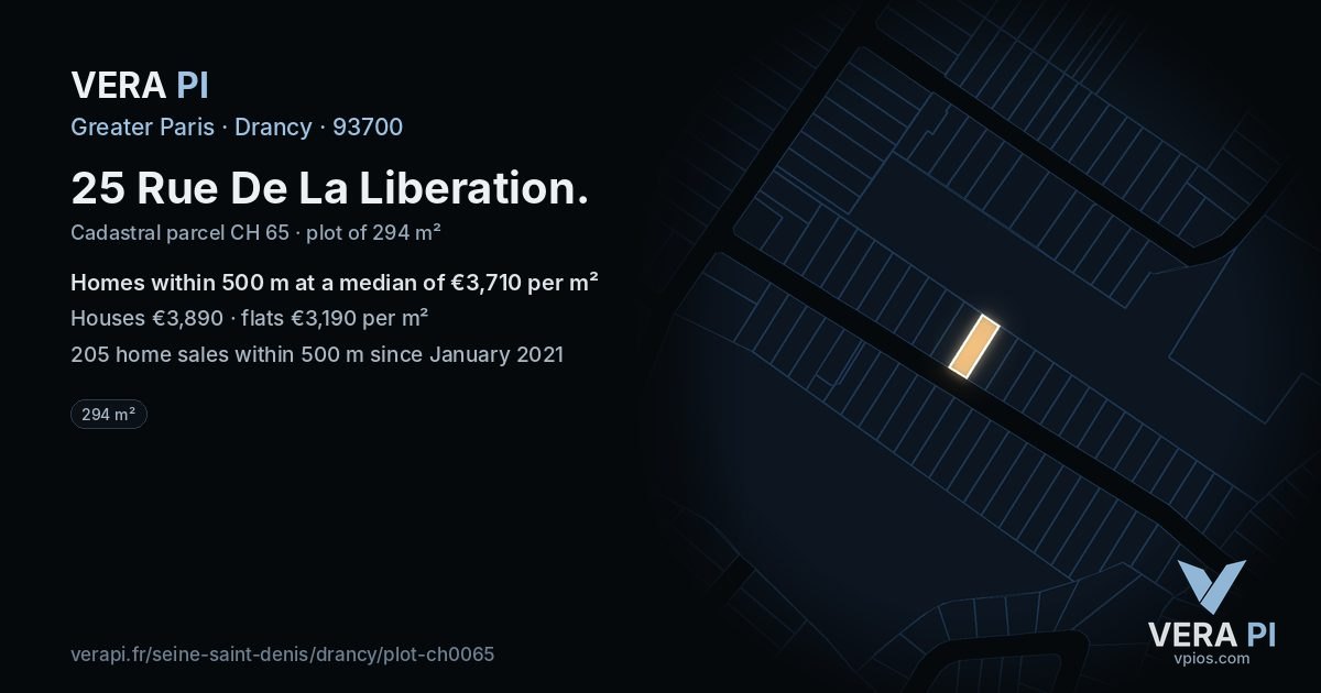 25 Rue De La Liberation, Drancy at night – the plot lit, the parcels around coloured by the prices near them