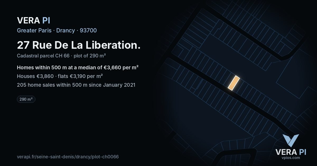 27 Rue De La Liberation, Drancy at night – the plot lit, the parcels around coloured by the prices near them