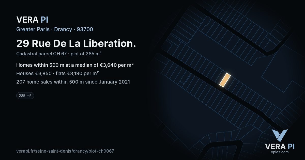 29 Rue De La Liberation, Drancy at night – the plot lit, the parcels around coloured by the prices near them