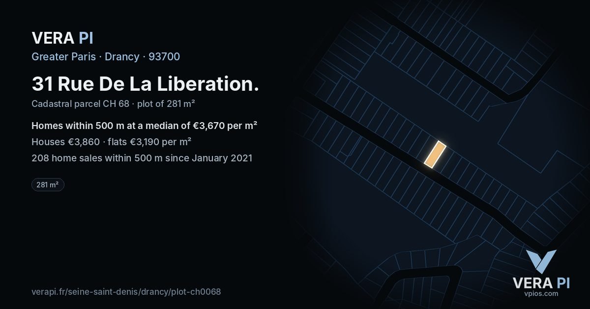 31 Rue De La Liberation, Drancy at night – the plot lit, the parcels around coloured by the prices near them