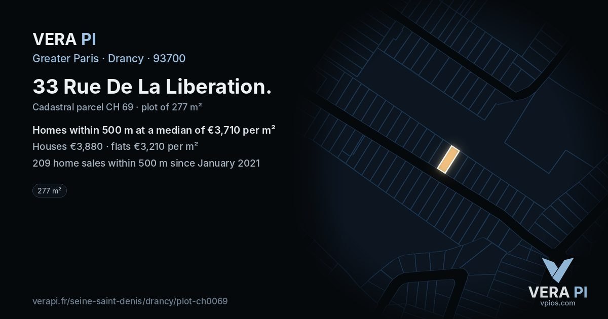 33 Rue De La Liberation, Drancy at night – the plot lit, the parcels around coloured by the prices near them