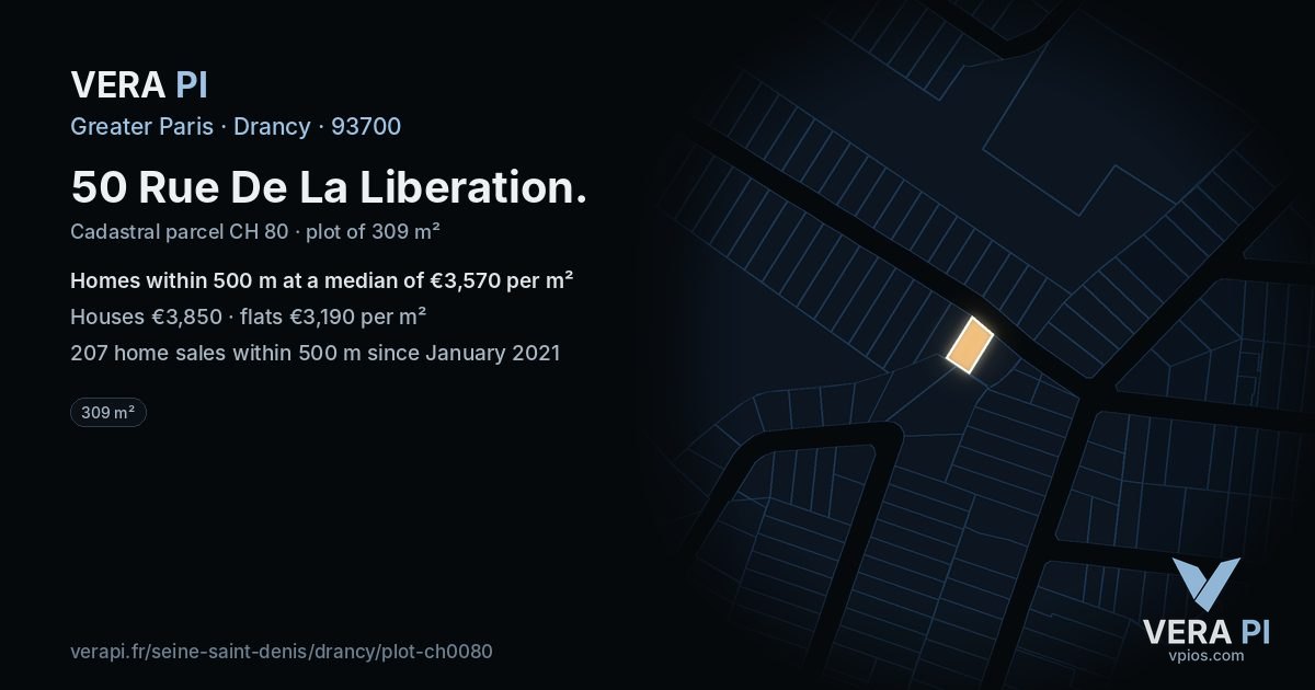 50 Rue De La Liberation, Drancy at night – the plot lit, the parcels around coloured by the prices near them