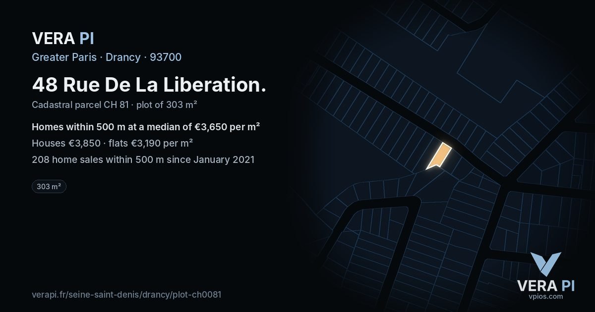 48 Rue De La Liberation, Drancy at night – the plot lit, the parcels around coloured by the prices near them