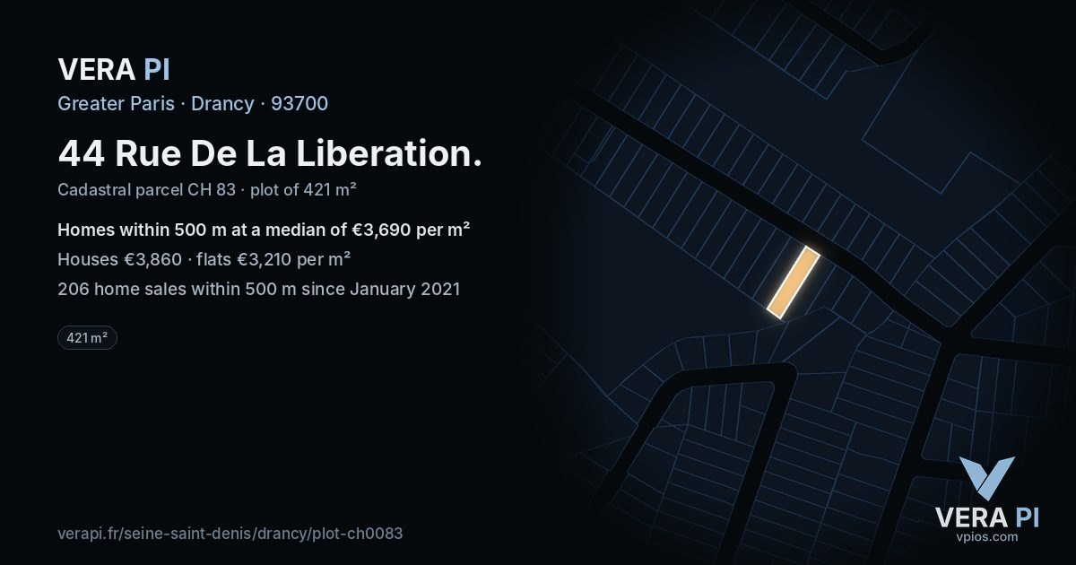 44 Rue De La Liberation, Drancy at night – the plot lit, the parcels around coloured by the prices near them