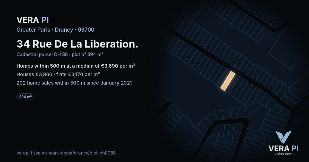 34 Rue De La Liberation, Drancy at night – the plot lit, the parcels around coloured by the prices near them