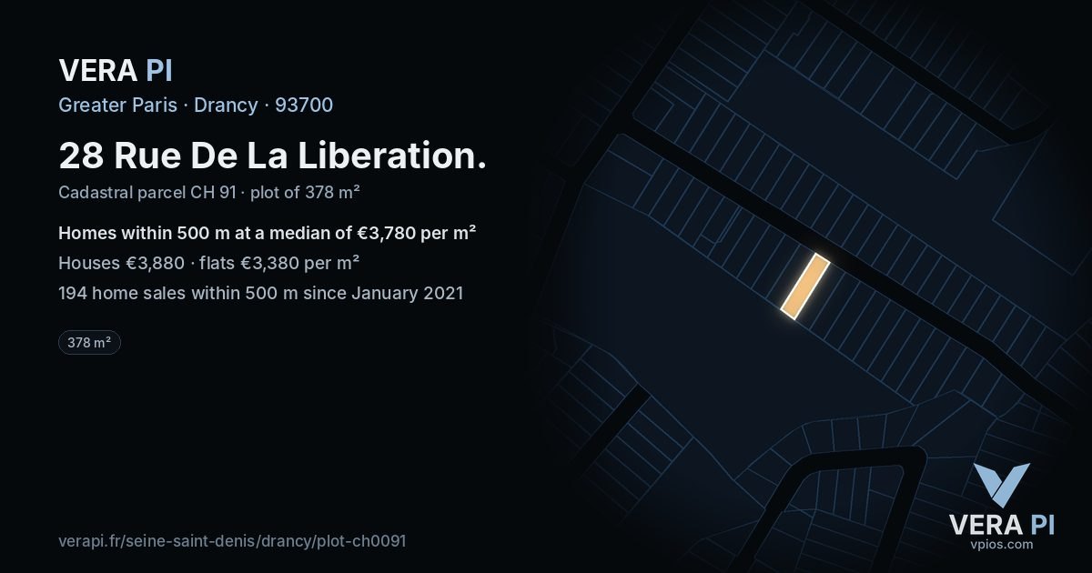 28 Rue De La Liberation, Drancy at night – the plot lit, the parcels around coloured by the prices near them
