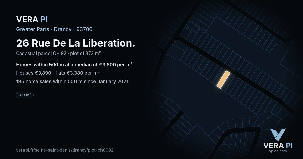 26 Rue De La Liberation, Drancy at night – the plot lit, the parcels around coloured by the prices near them