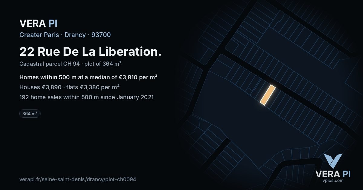 22 Rue De La Liberation, Drancy at night – the plot lit, the parcels around coloured by the prices near them