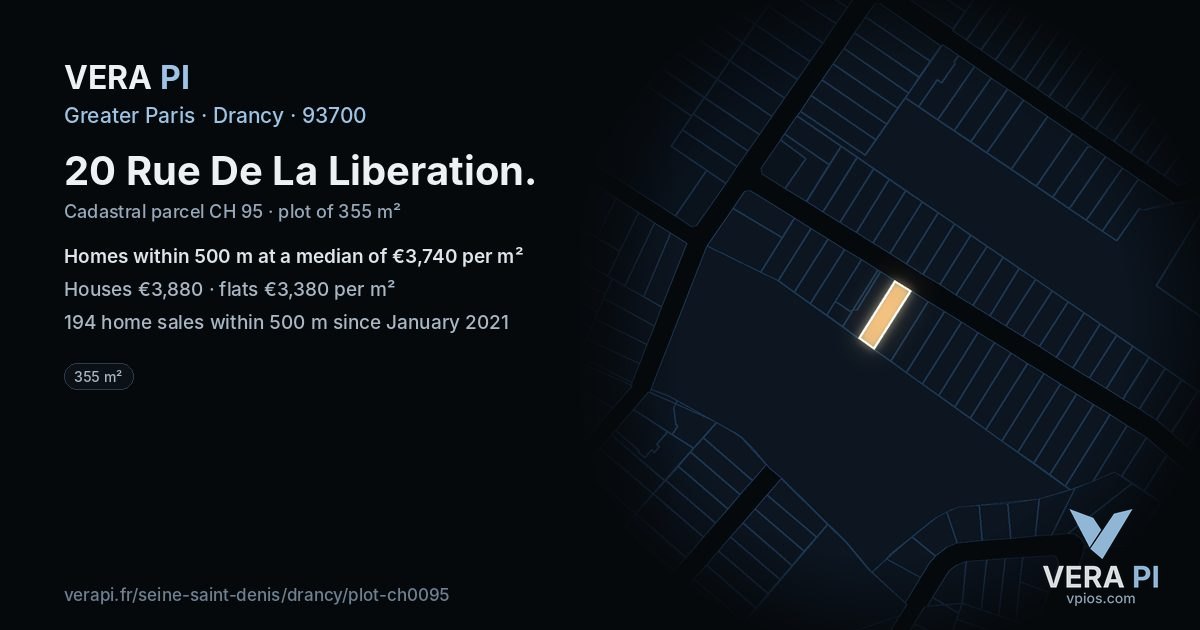 20 Rue De La Liberation, Drancy at night – the plot lit, the parcels around coloured by the prices near them