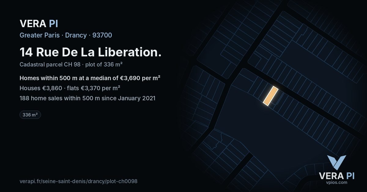14 Rue De La Liberation, Drancy at night – the plot lit, the parcels around coloured by the prices near them