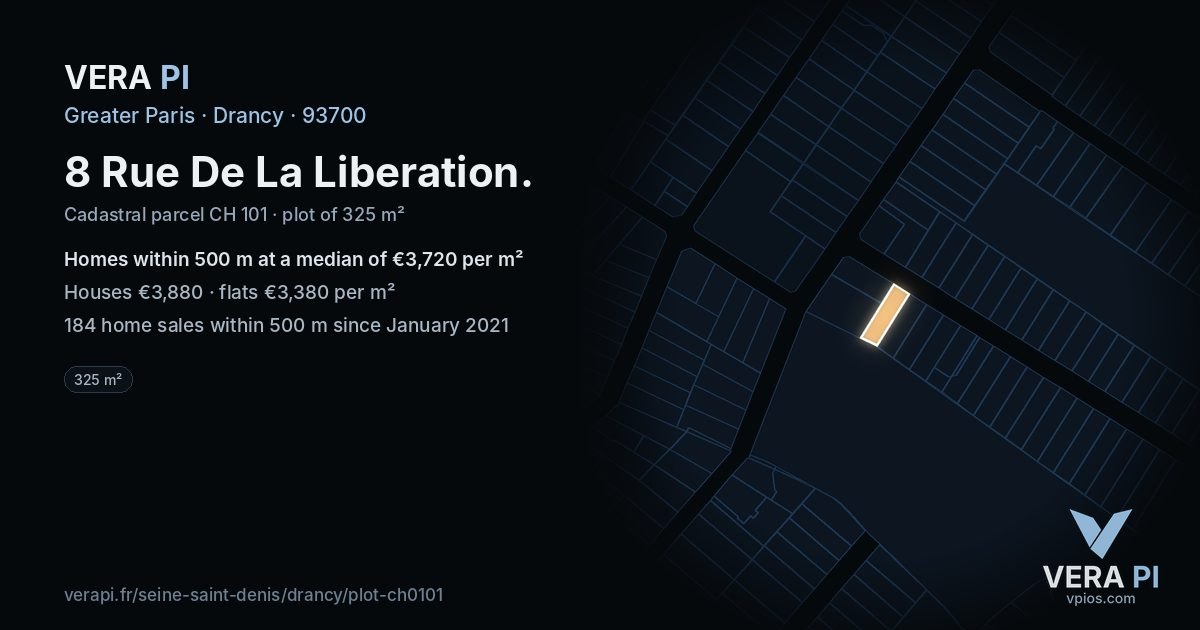 8 Rue De La Liberation, Drancy at night – the plot lit, the parcels around coloured by the prices near them