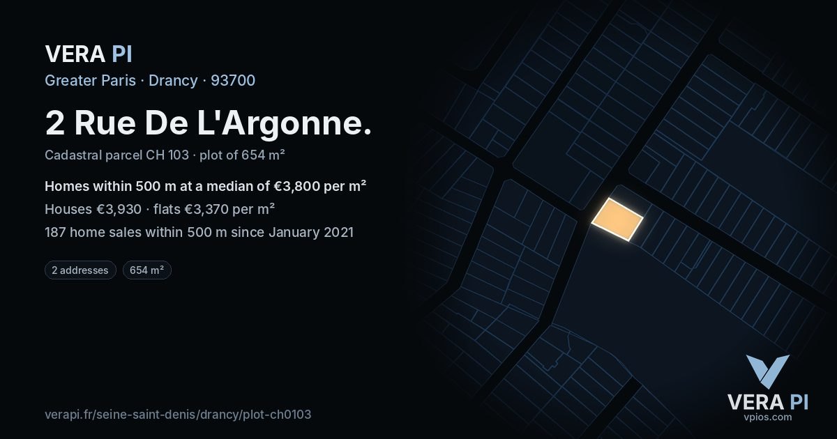 2 Rue De L'Argonne, Drancy at night – the plot lit, the parcels around coloured by the prices near them