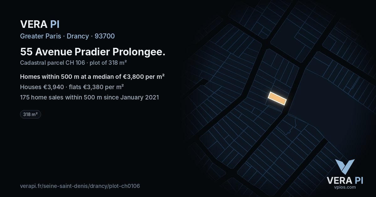 55 Avenue Pradier Prolongee, Drancy at night – the plot lit, the parcels around coloured by the prices near them