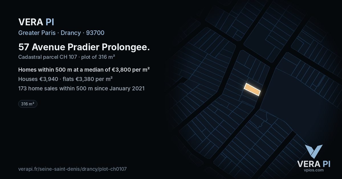 57 Avenue Pradier Prolongee, Drancy at night – the plot lit, the parcels around coloured by the prices near them