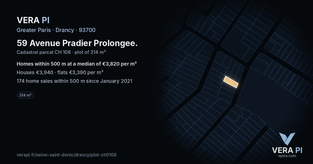 59 Avenue Pradier Prolongee, Drancy at night – the plot lit, the parcels around coloured by the prices near them