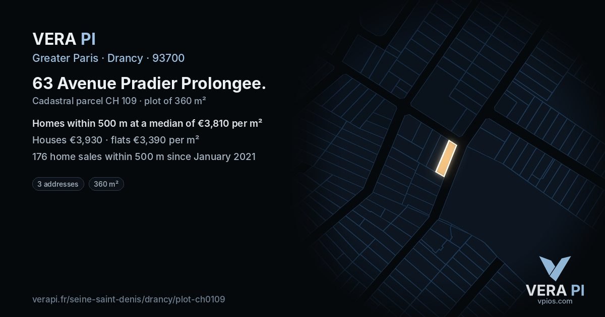 63 Avenue Pradier Prolongee, Drancy at night – the plot lit, the parcels around coloured by the prices near them
