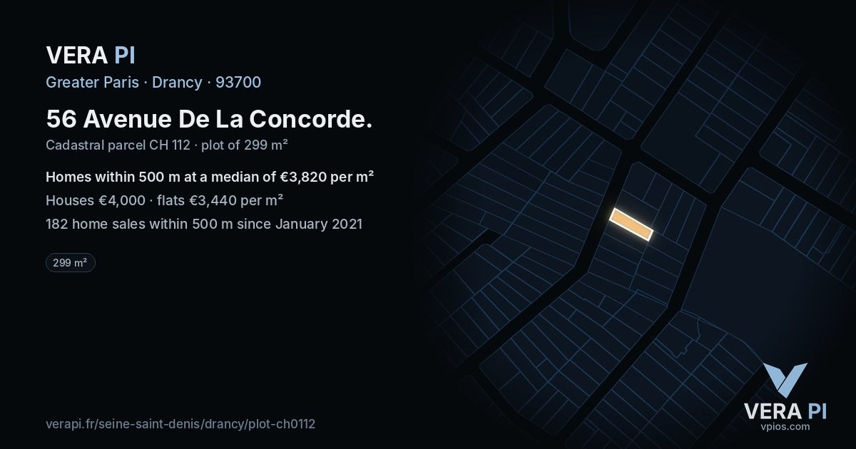 56 Avenue De La Concorde, Drancy at night – the plot lit, the parcels around coloured by the prices near them