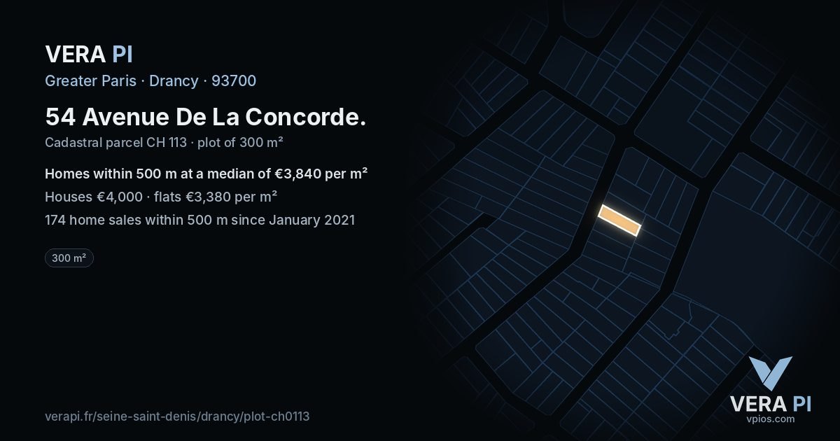 54 Avenue De La Concorde, Drancy at night – the plot lit, the parcels around coloured by the prices near them