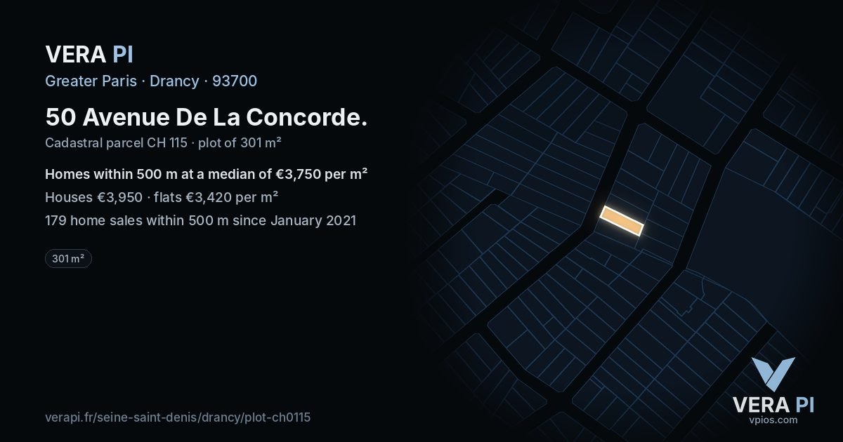 50 Avenue De La Concorde, Drancy at night – the plot lit, the parcels around coloured by the prices near them