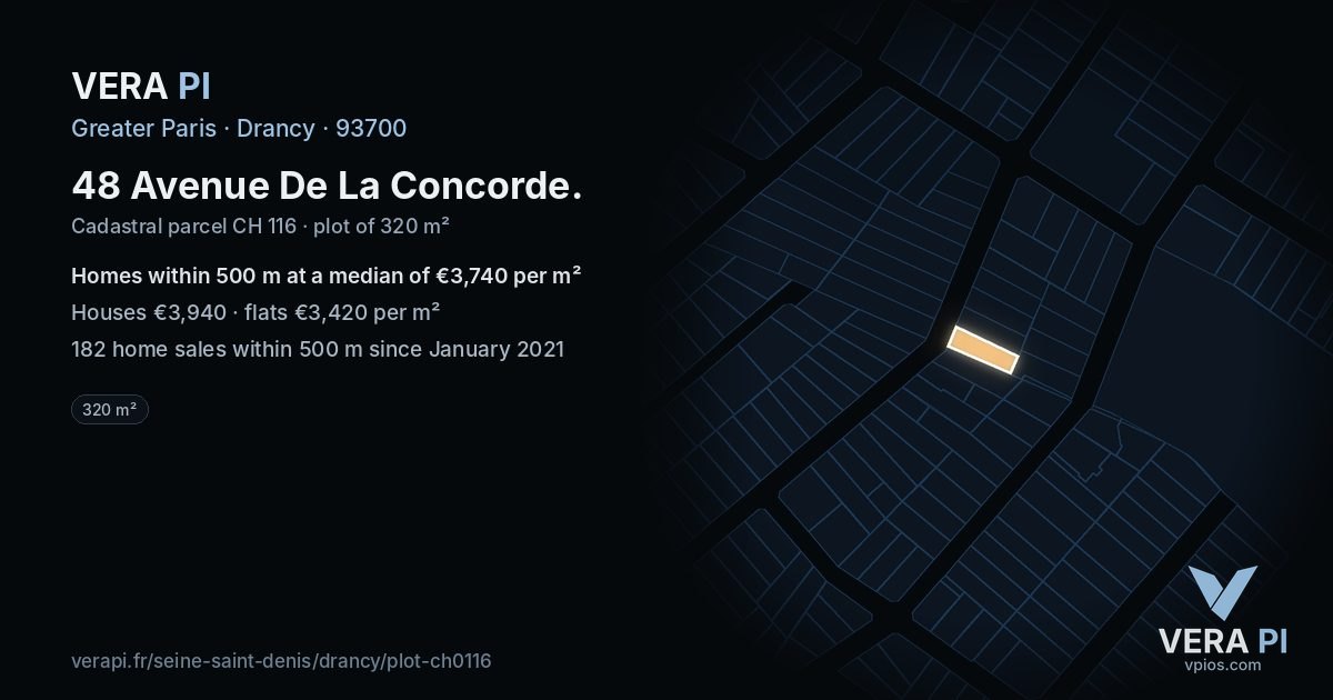 48 Avenue De La Concorde, Drancy at night – the plot lit, the parcels around coloured by the prices near them