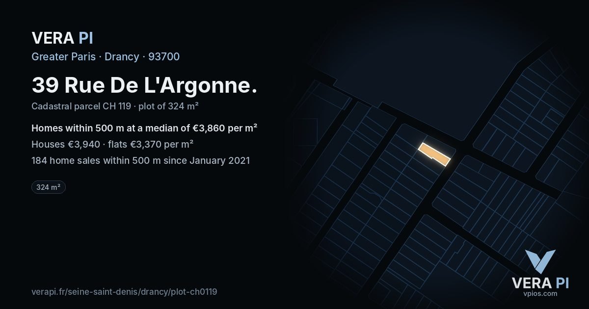39 Rue De L'Argonne, Drancy at night – the plot lit, the parcels around coloured by the prices near them