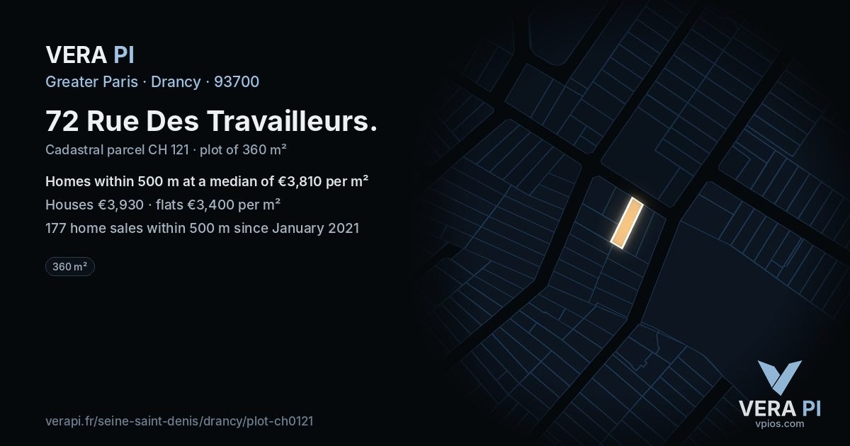 72 Rue Des Travailleurs, Drancy at night – the plot lit, the parcels around coloured by the prices near them
