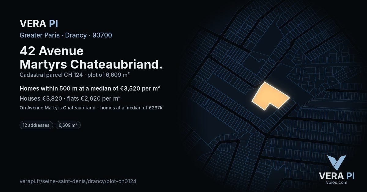42 Avenue Martyrs Chateaubriand, Drancy at night – the plot lit, the parcels around coloured by the prices near them