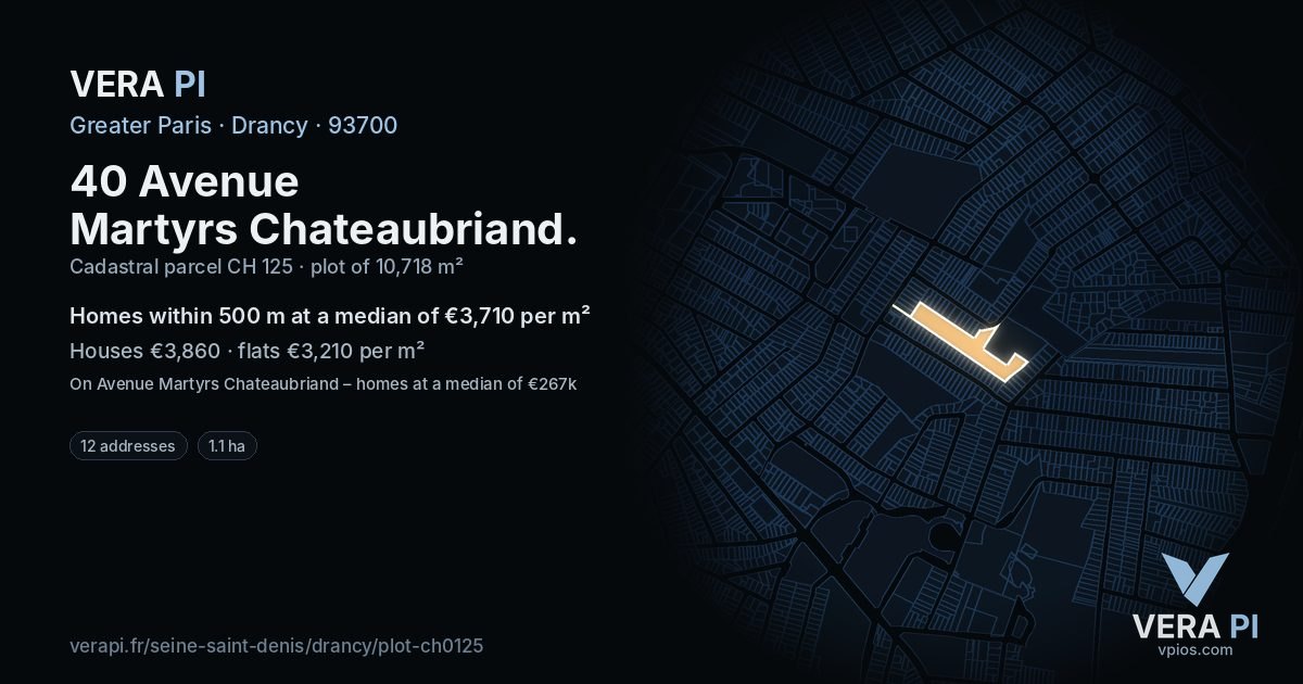 40 Avenue Martyrs Chateaubriand, Drancy at night – the plot lit, the parcels around coloured by the prices near them