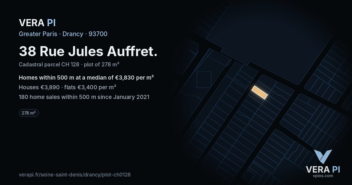 38 Rue Jules Auffret, Drancy at night – the plot lit, the parcels around coloured by the prices near them