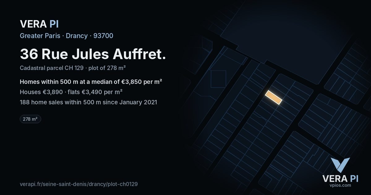 36 Rue Jules Auffret, Drancy at night – the plot lit, the parcels around coloured by the prices near them