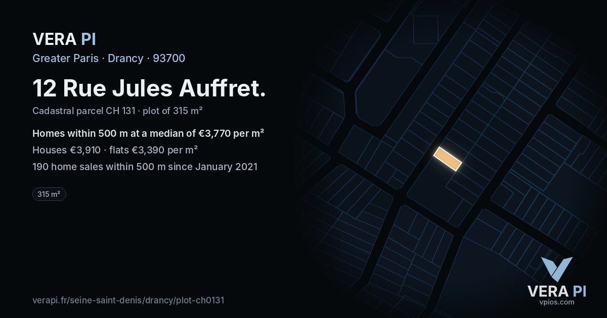 12 Rue Jules Auffret, Drancy at night – the plot lit, the parcels around coloured by the prices near them