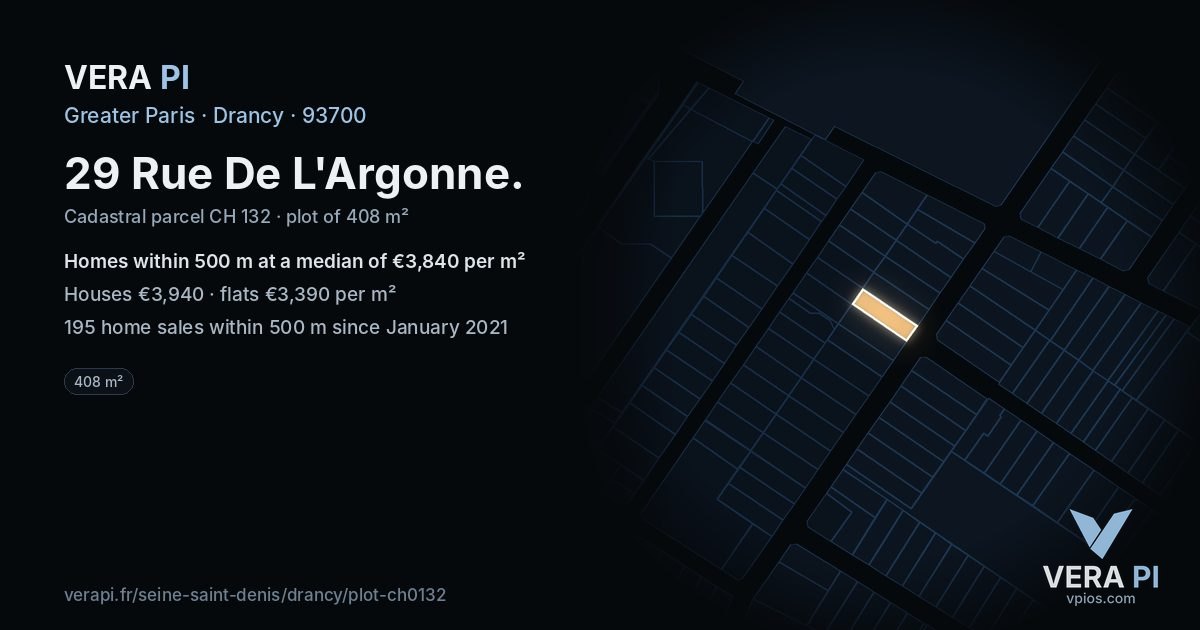 29 Rue De L'Argonne, Drancy at night – the plot lit, the parcels around coloured by the prices near them