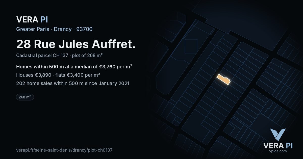 28 Rue Jules Auffret, Drancy at night – the plot lit, the parcels around coloured by the prices near them