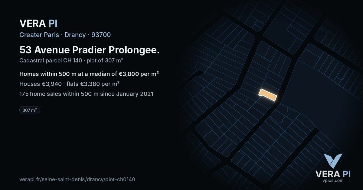 53 Avenue Pradier Prolongee, Drancy at night – the plot lit, the parcels around coloured by the prices near them