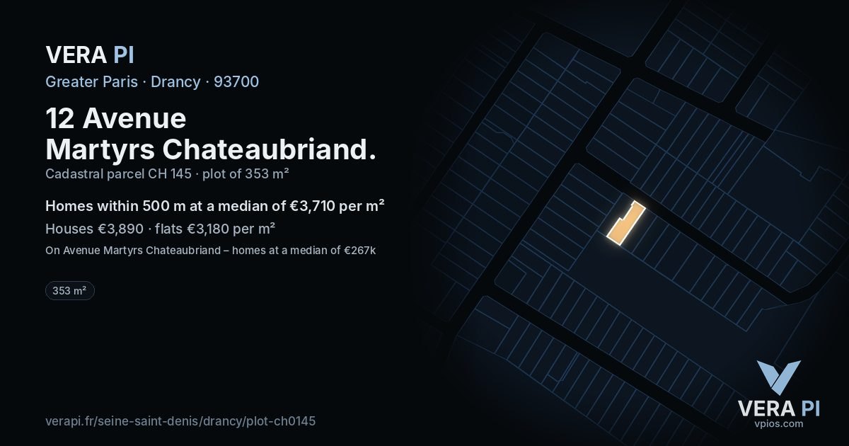 12 Avenue Martyrs Chateaubriand, Drancy at night – the plot lit, the parcels around coloured by the prices near them