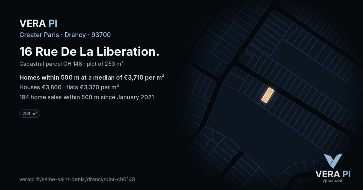 16 Rue De La Liberation, Drancy at night – the plot lit, the parcels around coloured by the prices near them