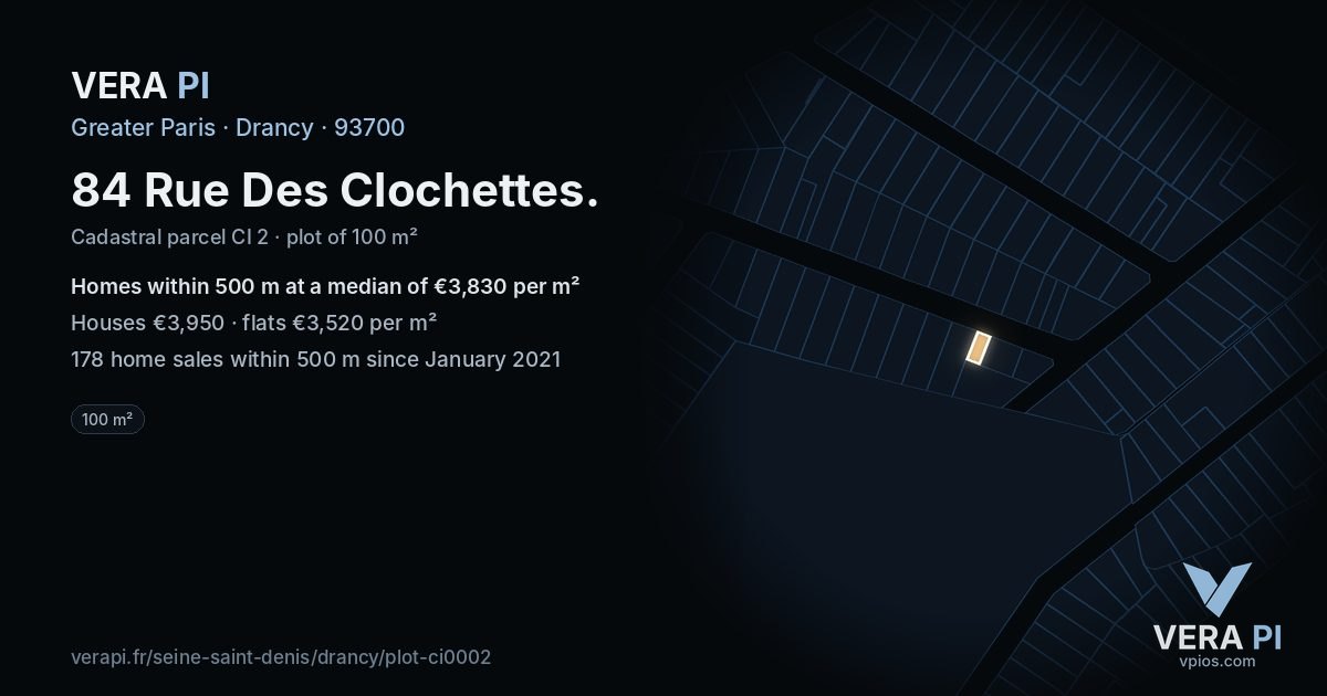 84 Rue Des Clochettes, Drancy at night – the plot lit, the parcels around coloured by the prices near them
