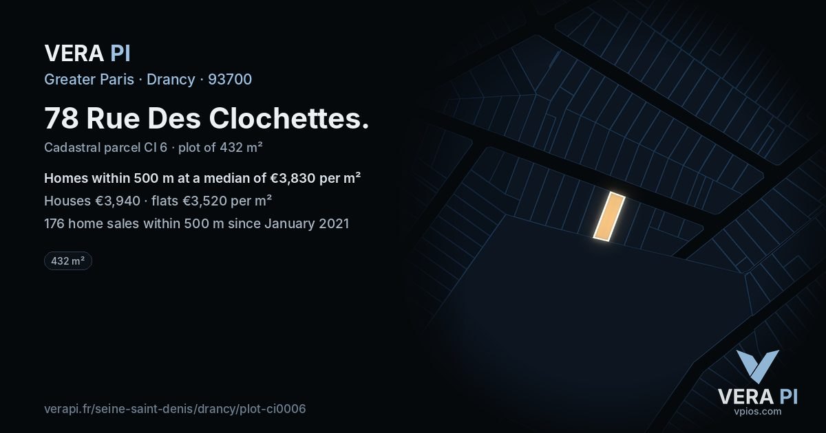 78 Rue Des Clochettes, Drancy at night – the plot lit, the parcels around coloured by the prices near them