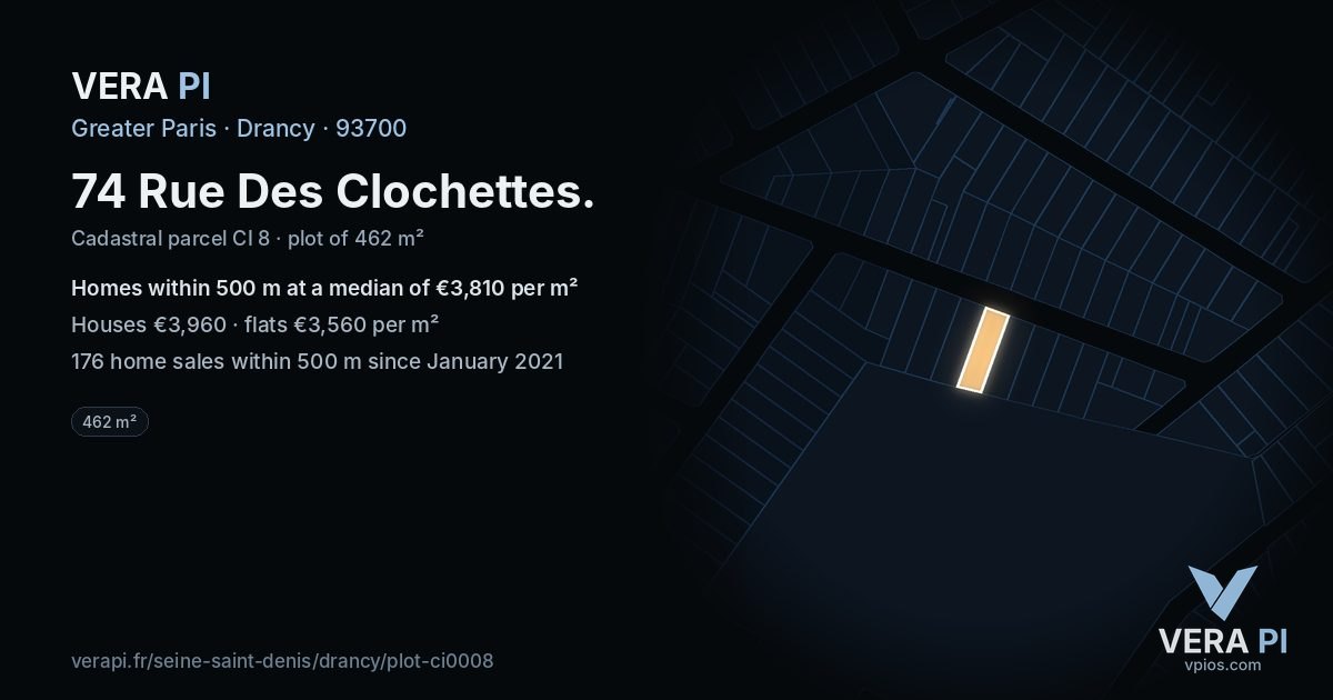 74 Rue Des Clochettes, Drancy at night – the plot lit, the parcels around coloured by the prices near them