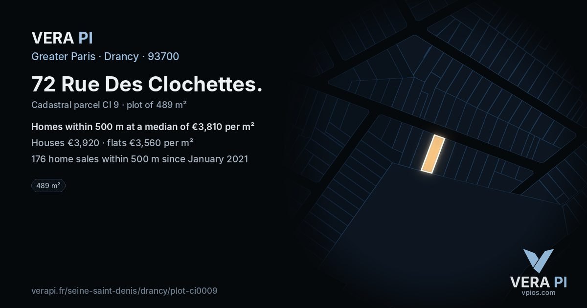72 Rue Des Clochettes, Drancy at night – the plot lit, the parcels around coloured by the prices near them